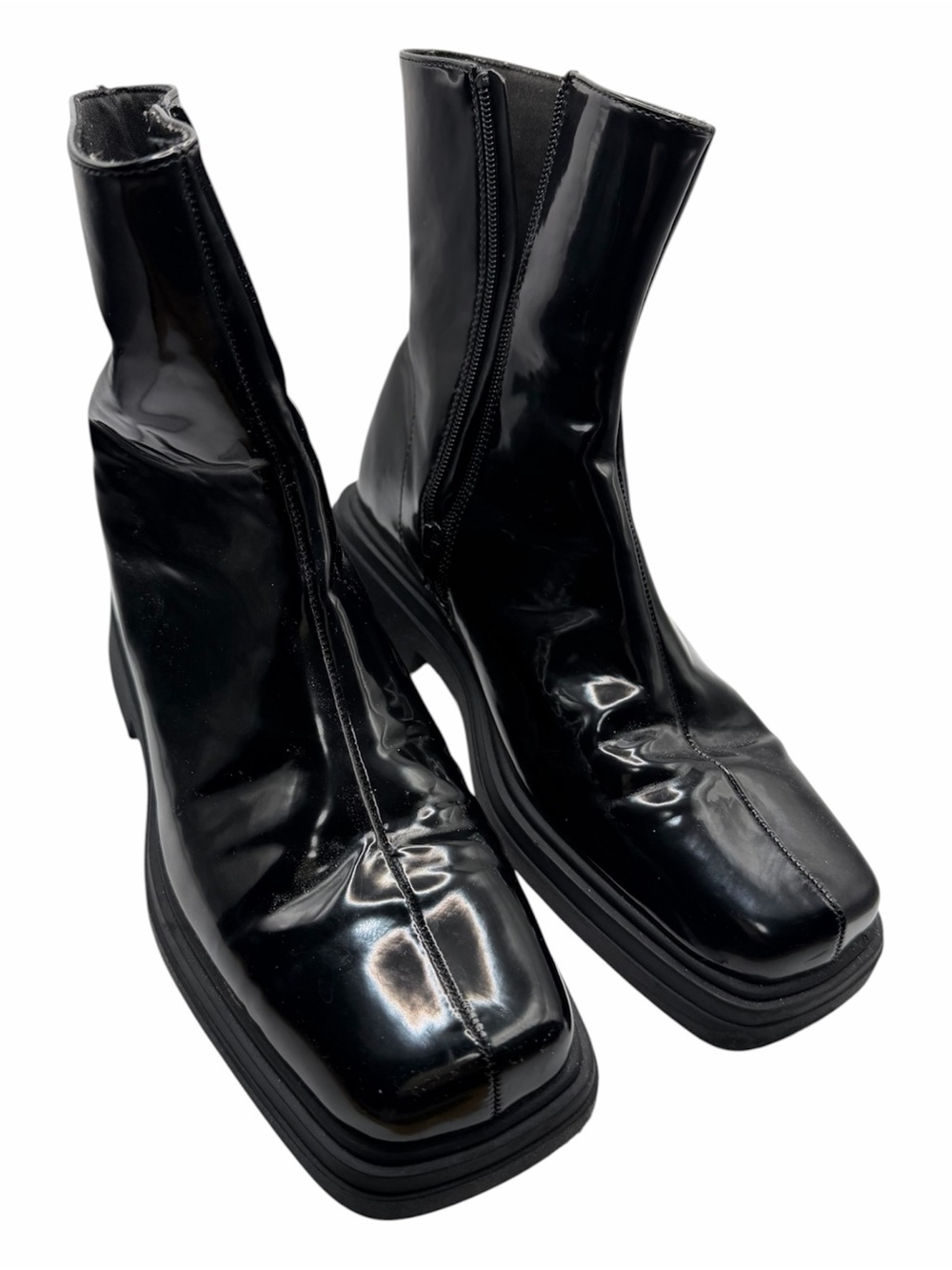 ASOS Design Chelsea Black Patent Leather Square Toe Boot Men Size 9 Chunky Dress